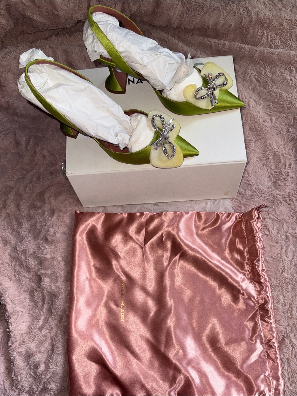 Amina Muaddi Lime Green Satin Crystal Bow Slingback begum cloth mules - Picture 12 of 12